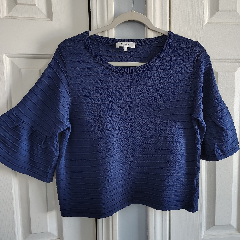 Milly Navy Ribbed Crew Neck Top W Short Bell Sleeves M - Picture 1 of 7